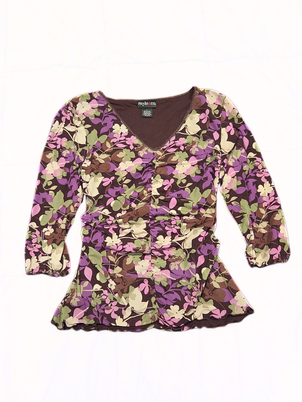 Style & Co. Brown & Purple Floral Peplum V-Neck Top